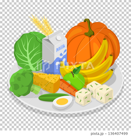 3D Isometric Flat Set of Vegetarian Food Plates. Item 7 3D Isometric Flat Set of Vegetarian Food Plates. Item 7 136407499