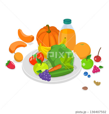3D Isometric Flat  Set of Vegetarian Food Plates. Item 4 136407502