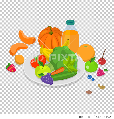 3D Isometric Flat  Set of Vegetarian Food Plates. Item 4 136407502