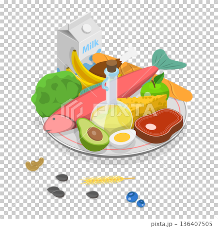 3D Isometric Flat  Set of Vegetarian Food Plates. Item 1 136407505