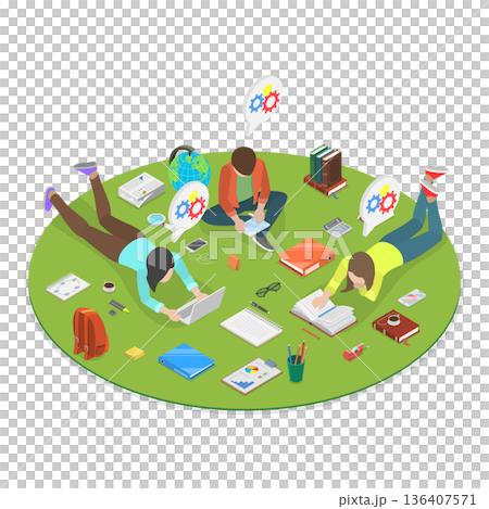 3D Isometric Flat  Illustration of Reading Characters. Item 4 136407571