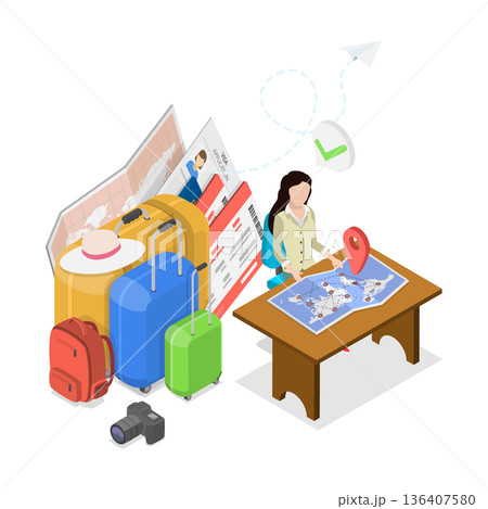 3D Isometric Flat  Illustration of Itinerary Planning. Item 1 136407580
