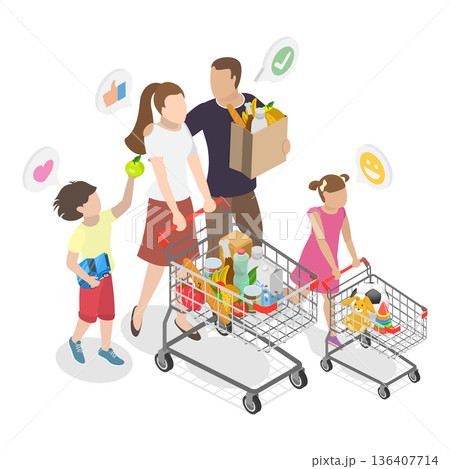 3D Isometric Flat  Illustration of Shoppers at Hypermarket. Item 1 136407714