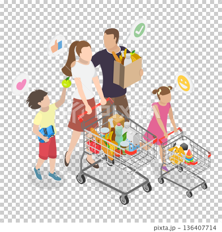 3D Isometric Flat  Illustration of Shoppers at Hypermarket. Item 1 136407714