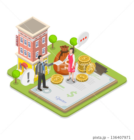 3D Isometric Flat  Illustration of Home Loan Agent Checking Credit History. Item 1 136407971