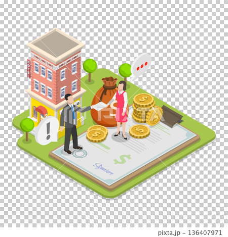 3D Isometric Flat  Illustration of Home Loan Agent Checking Credit History. Item 1 136407971