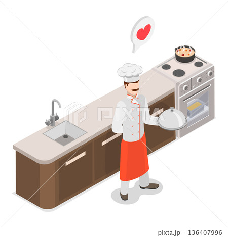 3D Isometric Flat  Illustration of Restaurant Staff Characters. Item 4 136407996