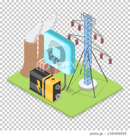 3D Isometric Flat  Illustration of Artificial Intelligence In Energy Production. Item 2 136408095