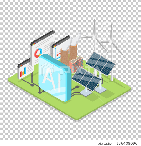 3D Isometric Flat  Illustration of Artificial Intelligence In Energy Production. Item 1 136408096