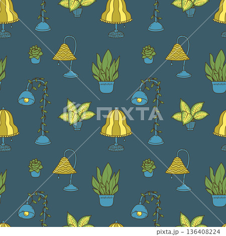 Cozy lamps and houseplants seamless pattern. Hand drawn home lighting repeat background Cozy lamps and houseplants seamless pattern. Hand drawn home lighting repeat background 136408224