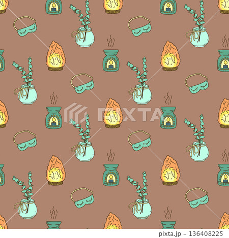 Cozy spa items seamless pattern. Hand drawn aromatherapy repeat background Cozy spa items seamless pattern. Hand drawn aromatherapy repeat background 136408225