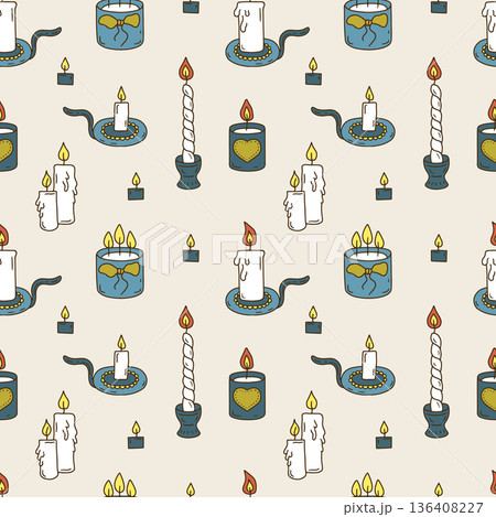 Wax candles seamless pattern. Hand drawn line art lanterns repeat background 136408227