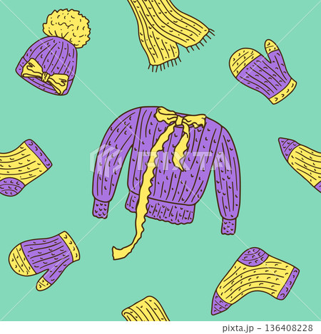 Cozy chunky knitwear seamless pattern. Hand drawn knitted clothes repeat background 136408228