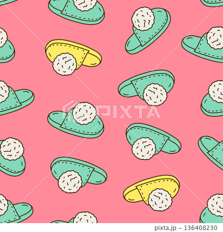 Cozy slippers seamless pattern. Hand drawn home footwear repeat background 136408230