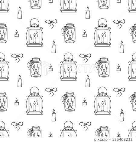 Wax candles seamless pattern. Hand drawn line art lanterns repeat background 136408232