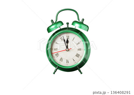 retro clock, pointer clock, green color alarm clock on isolated white background retro clock, pointer clock, green color alarm clock on isolated white background 136408291