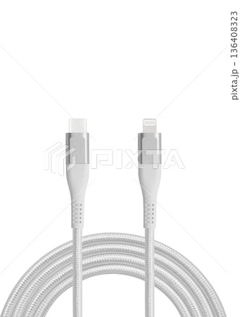 White cable for charging and synchronization with Type - C, USB, Micro USB, Lightning connectors on a white background 136408323