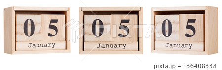 Wooden calendar, a set of dates of the month 05 January, on a white and transparent background Wooden calendar, a set of dates of the month 05 January, on a white and transparent background 136408338