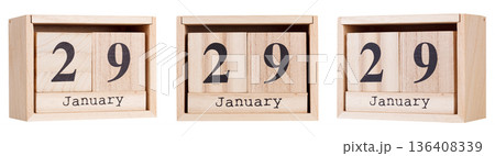 Wooden calendar, a set of dates of the month 29 January, on a white and transparent background Wooden calendar, a set of dates of the month 29 January, on a white and transparent background 136408339