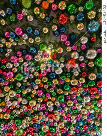 Colorful Christmas tree ornaments background with festive lights 136408452
