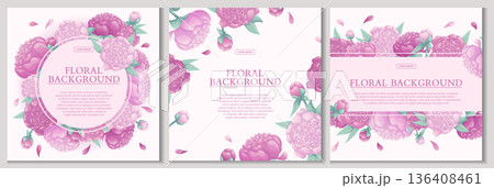 A set of colorful backgrounds with beautiful delicate peonies. The concept of a wedding, March 8th, mother's day, birthday. Vector illustration for the design of posters, flyers, postcards, invitation 136408461