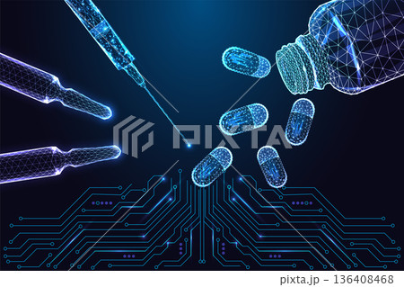 AI pharma concept with glowing pill capsules, syringe and vial over circuit board, medicine vector 136408468