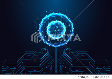 AI Data Core Geometric Sphere with Digital Particles and Circuit Roots. Futuristic Tech vector 136408472