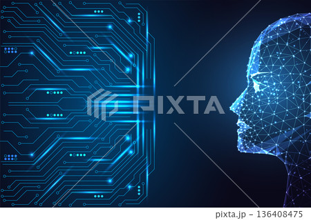Digital AI face with glowing wireframe and circuit board, machine learning and cyber intelligence Digital AI face with glowing wireframe and circuit board, machine learning and cyber intelligence 136408475