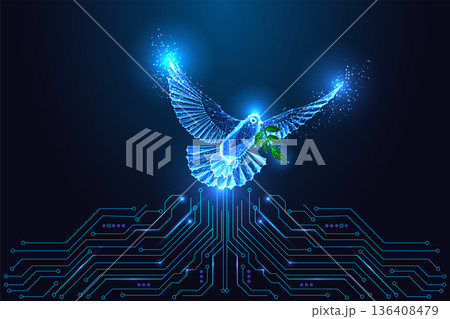 AI Global Unity Dove with Olive Branch and Digital Circuitry. Ethical Tech and Future Peace Concept 136408479