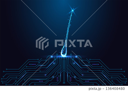 Single digital hair follicle emerging from circuit board, AI biotechnology and beauty science vector 136408480