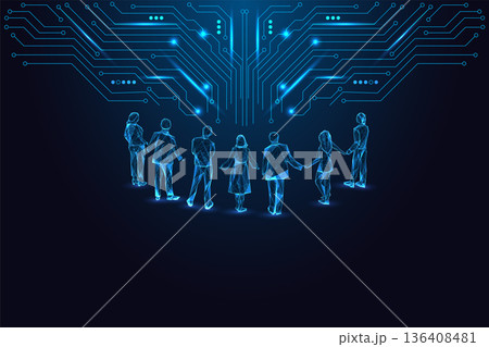 Glowing digital people standing under circuit network, AI society, diversity and smart community 136408481