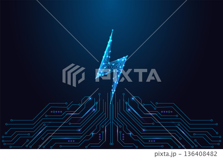 Electric Lightning Bolt above circuit board. Energy Power Tech Symbol, Blue Neon Vector Illustration 136408482
