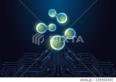 Hydrogen Energy Molecules. Clean Fuel Tech, Green Innovation, Low Poly Vector Illustration 136408485