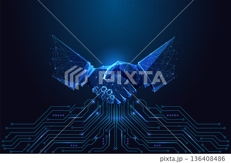 Futuristic digital handshake above circuit board, AI partnership, human-machine collaboration vector 136408486