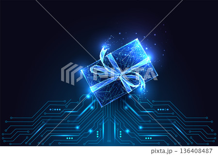 Glowing digital gift box over circuit board, AI reward, digital economy and tech surprise vector 136408487