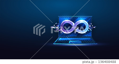 Infinite Loop Laptop. DevOps Automation, Continuous Cycle, Low Poly Blue Vector Illustration Infinite Loop Laptop. DevOps Automation, Continuous Cycle, Low Poly Blue Vector Illustration 136408488