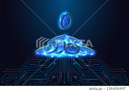 Digital Coins Stack above circuit board. Fintech Wealth, Cryptocurrency Concept, Vector Illustration Digital Coins Stack above circuit board. Fintech Wealth, Cryptocurrency Concept, Vector Illustration 136408497