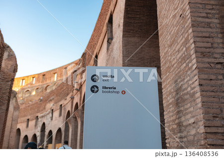 Colosseum Exit Sign Inside Ancient Roman Amphitheater in Rome 136408536