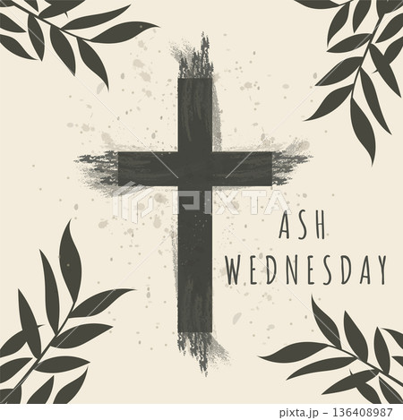 Ash Wednesday square post with black cross and dark tropical leaves vector illustration. Ash Wednesday square post with black cross and dark tropical leaves vector illustration. 136408987