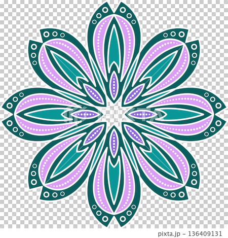 Balanced harmonious pattern. Delicate spring round symmetry ornament. Green purple mandala on white background. Floral oriental pattern in soft colors Balanced harmonious pattern. Delicate spring round symmetry ornament. Green purple mandala on white background. Floral oriental pattern in soft colors 136409131