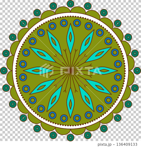 Round green blue round ornament on white background. Colorful mandala vector illustration. Ethnic geometry round design element for decor Round green blue round ornament on white background. Colorful mandala vector illustration. Ethnic geometry round design element for decor 136409133