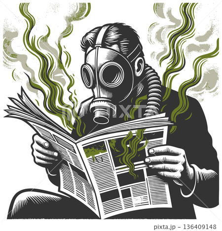 Man reading toxic news while wearing gas mask Man reading toxic news while wearing gas mask 136409148