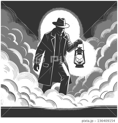 Navigating the Gray Area man in Fog with Lantern 136409154