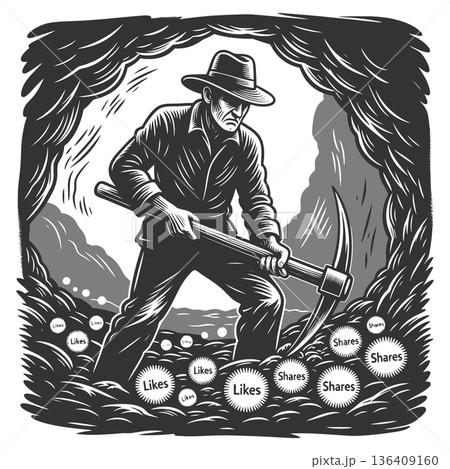 Man mining for social media likes and shares Man mining for social media likes and shares 136409160