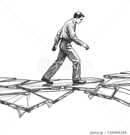 Man carefully walking across unstable glass panels 136409166