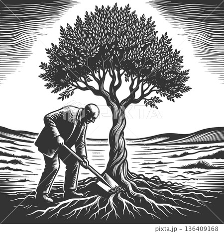 Legacy Builder Man Planting Tree in Barren Land 136409168