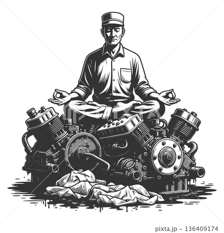 Mechanic meditating on engine parts in lotus pose Mechanic meditating on engine parts in lotus pose 136409174