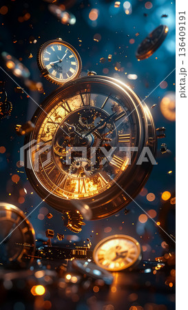 砕け散る懐中時計と歯車 ／ 時間の崩壊と運命を象徴する幻想的ビジュアル 136409191