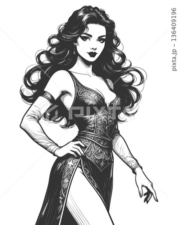 Elegant fantasy woman in ornate dress vector Elegant fantasy woman in ornate dress vector 136409196