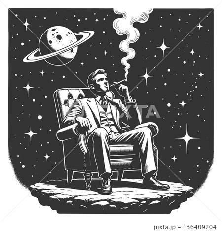 Elegant man smoking cigar while seated outer space 136409204